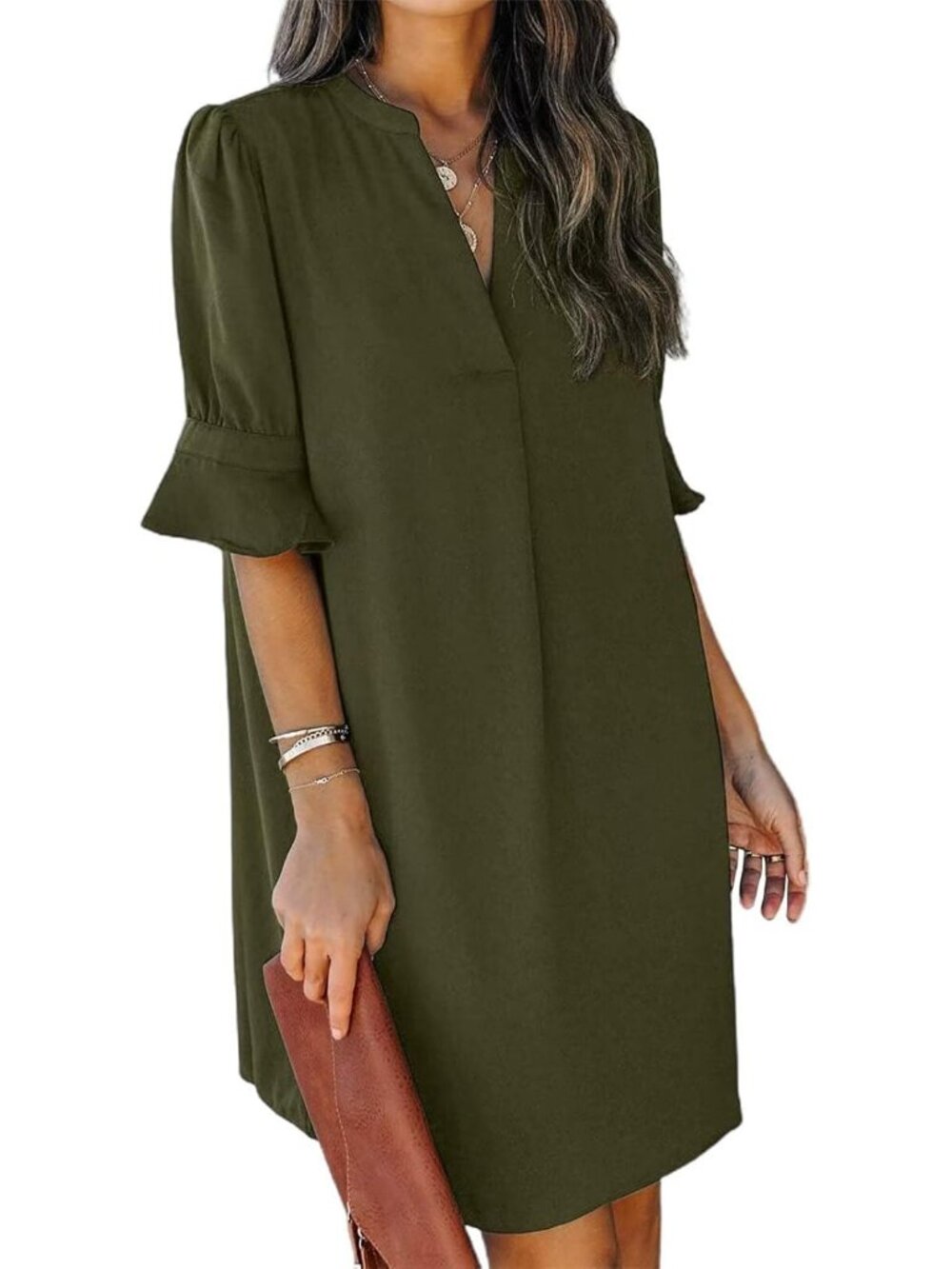 Women's Army Green Dresses V Neck Short Sleeve Solid Casual Shift Mini Dress